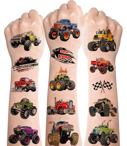 Monster Truck Tattoos für Kinder - 10 Blätter Wasserdichte Hautfreundliche Aufkleber für Jungen - Cool Kindertattoos für Party Mitgebsel Kindergeburtstag
