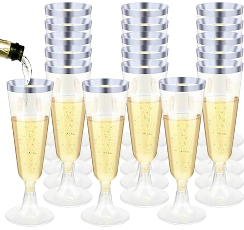 YZDZSW Lot de 25 flûtes à champagne en plastique - 160 ml - Réutilisables - Pour réception, mariage, anniversaire, pique-nique, fête - Argenté