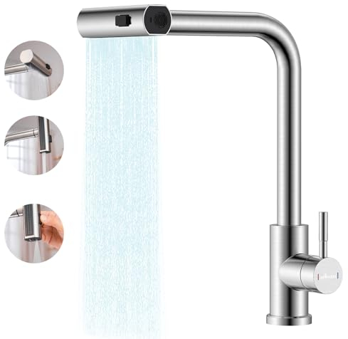 APPASO Wasserhahn Küche, Küchenarmatur mit Brause Ausziehbar für die Küche, Einhebel Ausziehbarer Spültischarmatur 1 Loch 360° Schwenken, Hochdruck Wasserfall, Gebürstet Edelstahl