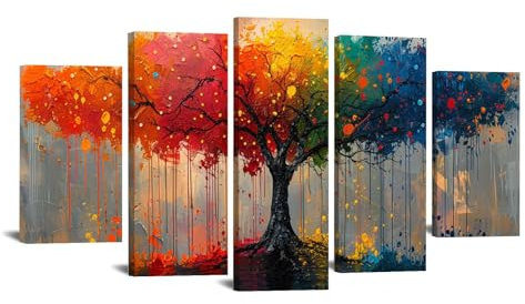 JOSUE Lot De 5 Tableau Sur Toile Arbre De Vie Arbre de vie coloré Tableau Decoration Murale Sur Toile,Rouge, bleu CB DéCor Murale Pour Chambre Peintures Pour Maison Bain Salon- 100x200cm Encadrée