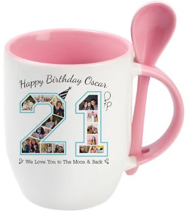 Getagift Personalised Happy 21st Birthday Photo Collage Mug, Gift for Born in 2003, Spoon Coffee, Tea Mug. (Pink)
