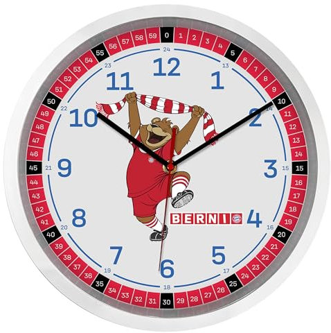K&L Wall Art FCB Fußball Wanduhr FC Bayern München Uhr Jungenzimmer lautlos ohne Ticken (Maskottchen Berni Kinderlernuhr, 30 cm)