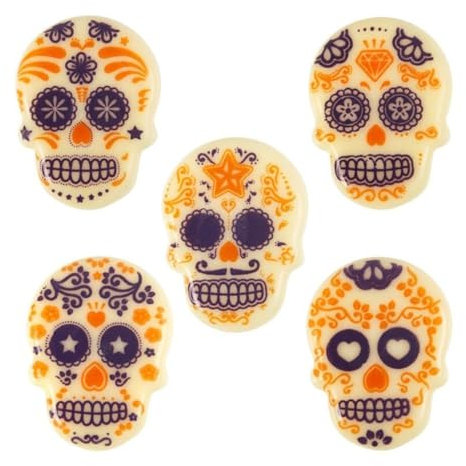Cake Company - Schokoladendeko „Halloween Skulls“ für Torten, Muffins, Cupcakes uvm. | 35 Stück aus 5 Totenkopf-Motiven für Halloween | weiße Schokoladenaufleger aus belgischer Schokolade