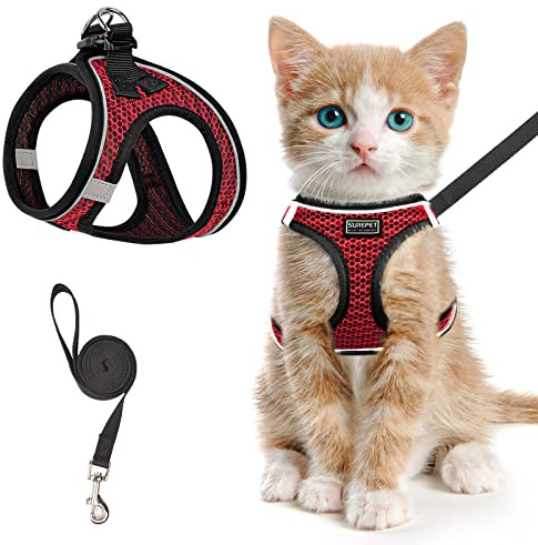 Cat Harness and Lead Set for Walking Escape Proof, Adjustable Kitten Vest Harness Reflective Soft Mesh Puppy Harness for Outdoor, Comfort Fit, Easy to Control (Red, L)