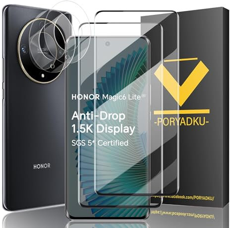 V-PORYADKU Protector de Pantalla para Honor Magic 6 Lite 5G, Película de Vidrio Templado 2 Piezas+ Protector de Lente de Cámara 2 Piezas, 9H Dureza, Antihuellas, HD Clara, Sin Burbujas, Anti-Scratch
