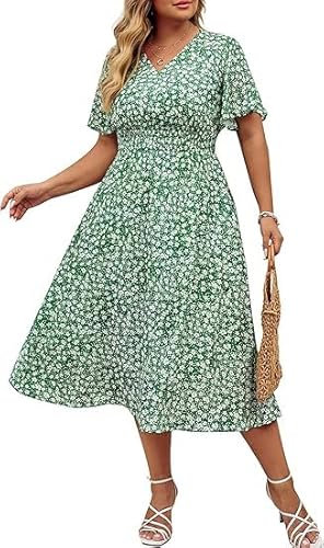 Hanna Nikole Women's Plus Size V-Neck Casual Dress A Line Dress Ruffle Sleeves Dresses Elastic Waist Knee Length Dress with Pockets Green Print 20