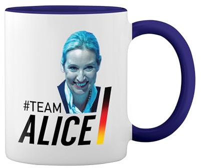 Team Alice Weidel Weiße Tasse Mug mit blauem Felgen und Griff