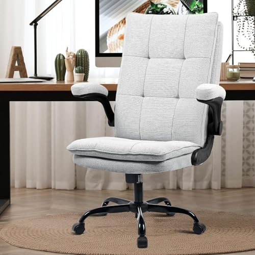 BASETBL Ergonomic Executive Office Chair, Thick and Wide Seat Cushion, Flip-up Armrests, Tilt Computer Desk Chair, Comfy Fabric for Home Office Business, Grey