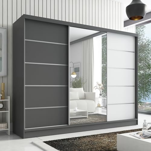 A&J MöbelLand Kleiderschrank Aurelia 1 – Schwebetürenschrank 200 cm breit mit Spiegel, 3-türig, Kleiderschrank mit Schubladen, Schiebetürenschrank für Schlafzimmer oder Garderobe