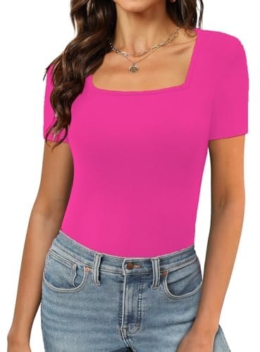 Shen&Qege Body pour femme - Col carré - Manches courtes - Extensible - Basique, Rose, L