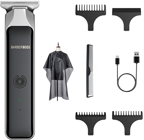 BarberBoss Professioneller Gesichtshaarschneider und Bartschneider für Männer – Haarschneider, Detailschneider, über USB wiederaufladbar, T-Klinge aus Edelstahl, rot/grüne LED-Anzeige, wasserdicht