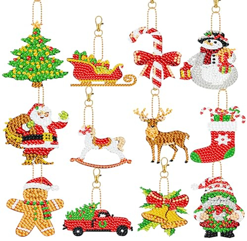 Nirecu 12 Stück Diamond Painting Weihnachten Set,5D Diamond Painting Weihnachten Anhänger Kinder,DIY Diamant Malerei Schlüsselanhänger Beidseitig für Weihnachtsbaum Deko Adventskalender