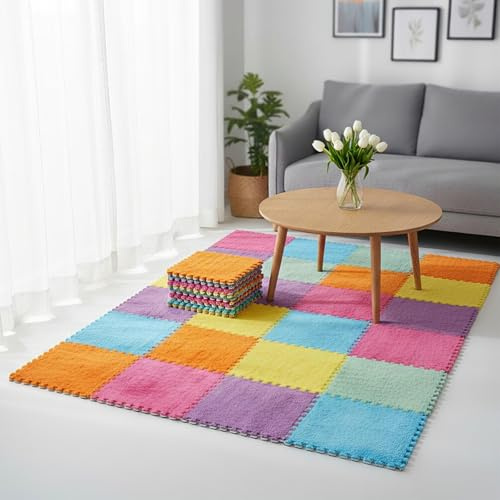 Tinideya 72 Pcs Plush Interlocking Carpet Tiles, Macaron Colors 12 x 12 x 0.4 Inch Squares EVA Foam Carpet Tiles, Machine-Washable, Anti-Slip, Puzzle Floor Mat for Home Bedroom