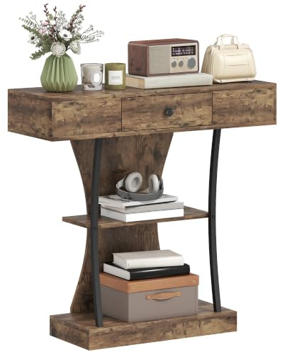 HOMCOM Console Table 3-Tier Industrial Hallway Table, Drawer, Rustic Brown | Storage Shelves, Steel Frame, Living Room, Entryway