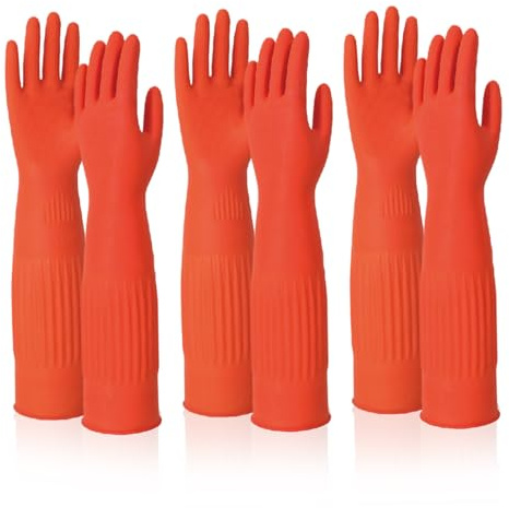 Veesper Gants de vaisselle 3 paires de gants nettoyage en latex antidérapants 15 pouces longueur coude, protection élastique respectueuse la peau pour le nettoyage la maison, la cui