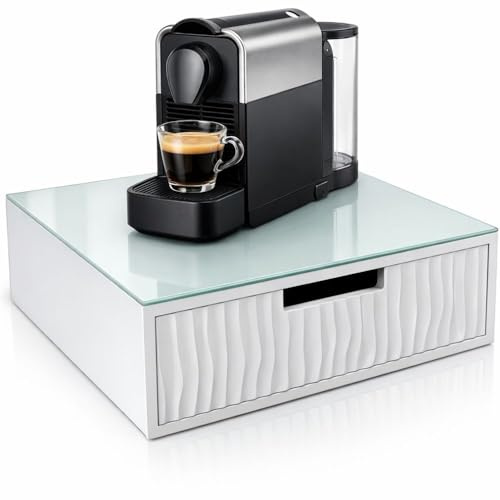 Cecaro Group Porta Capsule e Cialde Caffè con Cassetto in Bambù e Piano in Vetro Temperato Trasparente 30x30x10 cm – Supporto Macchina Caffè Salvaspazio con 3 Scomparti Porta Capsule e Cialde