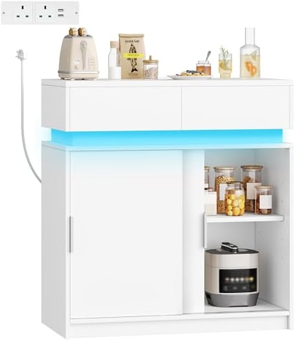 Hzuaneri Sideboard with Power Outlet, 2 Sliding Doors & 2 Drawers, White | Buffet Storage Cabinet with Adjustable Shelf, Kitchen Cupboard for Living, Dining Room, 40 x 80 x 85 cm, SC00203XUK