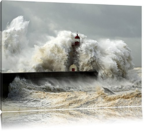 Pixxprint Leuchtturm im Sturm, Größe: 100x70cm, Leinwandbild, fertig gespannt, Wandbild, Dekoration, Kunstdruck, kein Poster