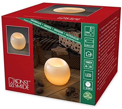 Konstsmide 1964-100 LED Dekoration Echtwachskugelkerze / für Innen (IP20) / Batteriebetrieben: 2xC 1.5V (exkl.) / warm weiße Diode flackernd / mit Schalter und 4h u. 8h Timer