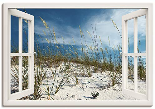 ARTLAND Wanddeko Leinwand Bilder Wandbild Landschaften Strand Fotografie Blau Fensterblick Sanddüne und Gräser T6BR