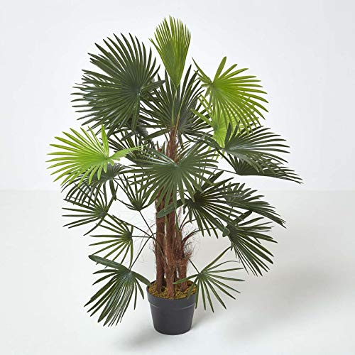 HOMESCAPES Grüne Kunstpalme 90 cm groß, Kleiner Kunstbaum Palme, Tropische Kunstpflanzen wie echt, künstlicher Palmenbaum im Topf