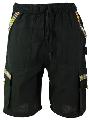 GURU SHOP Ethno Yogashorts im Goastyle, Herren, Kurze Baumwollhose | elastischer Bund mit Kordelzug, zwei Eingrifftaschen, Cargopockets, ideal für Partys und Freizeit.