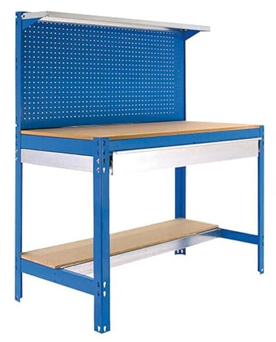 Simon Rack Banco da lavoro per officina, capacità di carico 600 kg, 1445x1210x610 mm, Pannello Forato, Ripiano per cassetti, Tavolo da lavoro fai da te, Blu/Legno - BT3