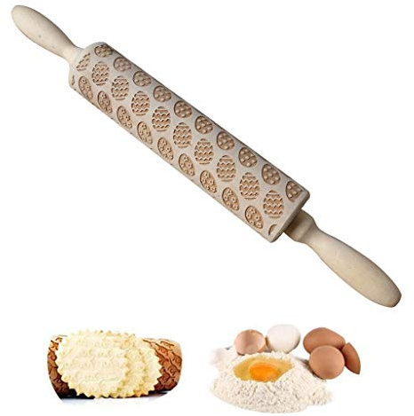 Designerbox Rouleau à pâtisserie en bois Motif symbole de Pâques gravé Rouleau à pâtisserie pour bricolage cookies fondants pâtisserie gâteau Easter Eggs