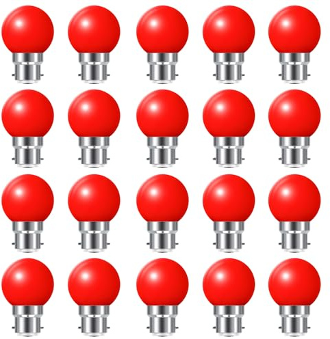 Coloured B22 Bayonet LED Small Golf Ball Bulbs,Fulighture Energy Saving Light Bulbs,2W=20W, for Outdoor Garden Patio,Halloween,Christmas Tree, Fairy Party Night Lights,20 Pack (Red)