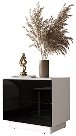 lukmebel Nachttisch mit LED-Beleuchtung, B55 x H50 x T37 cm, Schranksockel B 46,8 x H7 x T30,4 cm, Hochglanzoptik, 2 Schublanden mit „Push-to-Open-System“