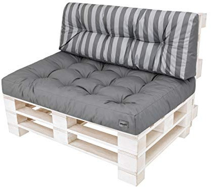 PillowPrim Palettenkissen Palettenauflagen Paletten Polster Auflagen Bedeckung Gartenkissen Set (Sitzkissen 120x80 + Rückenlehne 120x40), Asche mit Aschestreifen