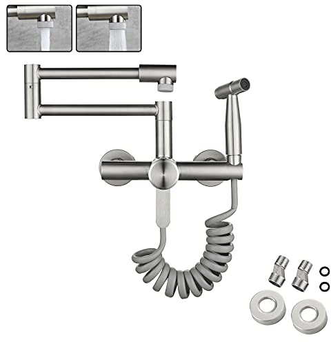 SJQKA Wasserhahn Küche Wandmontage,Mit Spritzpistole Und 2 Wasserstrahlarten, Wasserhahn Wand Schwenkbarem 360°-Auslauf,Einfache Montage Küchenarmatur Wandmontage (13CM-17CM)
