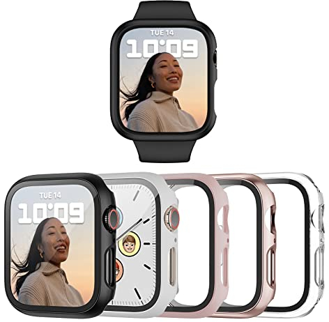 Haojavo Paquete de 5 fundas con protector de pantalla de vidrio templado para Apple Watch Series 9, 8, 7 de 45 mm, policarbonato duro ultrafino, ajuste delgado, resistente a los arañazos, funda