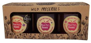 Fruits of the Forage Wild Preserves Jam Pack, Includes Hedgerow Harvest and Raspberry & Wild Apple Preserve and Purple Pershore Plum Jam, Pack of 3 210g Glass Jars