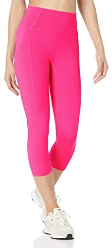 Amazon Essentials Legging de sport 7/8 à taille haute modelant avec poches (existe en grandes tailles) Femme, Rose Fluo, XXL Grande taille