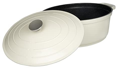 Commichef Cacerola Ovalada, Cazuela, Crema, Aluminio Fundido, 32cm Diámetro, Capacidad de 5,8 Litros, Con Tapa, Apta Para Hornos y Placas de Cocción, XO-632CR