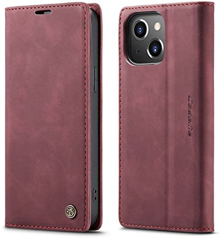 mvced Cover Compatibile con iPhone 14 Plus (6.7 Pollice),Flip Custodia Caso Libro Pelle PU e TPU Silicone Antiurto,Wine Red