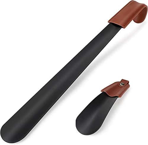 Calzascarpe Lungo Metallo, Scarpa Corno in Acciaio Inossidabile con Manico in Pelle, Shoe Horn Perfetto per Vari Stivali e Scarpe per Gli Anziani/Uomini/Donne/Bambini/Donna Incinta (42 CM+16 CM)