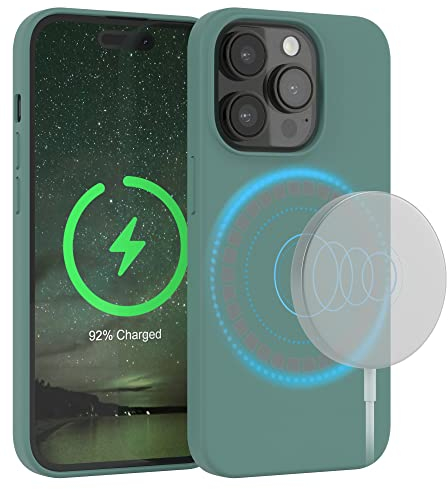 EAZY CASE - Silikonhülle für iPhone 14 Pro Hülle mit MagSafe Silikon Case Grün weich stoßfeste Handyhülle iPhone 14 Pro Schutzhülle mit Kameraschutz Dünn Premium Schutz Cover Phone Bumper Dunkelgrün