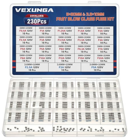 VEXUNGA 23Values Glassicherungs-Set, 125 V, 0,5 A, 1 A, 1,25 A, 1,6 A, 2 A, 2,5 A, 3 A, 3,15 A, 3,5 A, 4 A, 5 A, 6 A, 6,3 A, 7 A, 8 A, 10 A, 12 A, 15 A, 20 A, 5 x 20 mm und 2,5 A, 3 A, 5 A, 3,6 x 1,6
