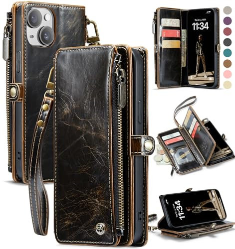 Defencase iPhone 15 Plus Wallet Case, Luxury PU Leather Magnetic Zipper Card Holder Case for iPhone 15 Plus [6.7], Coffee