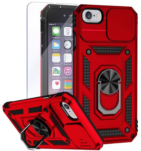 Teayoha Camera Case for iPhone SE 2022/2020, iPhone 7/8,with Screen Protectors, Military Grade Shockproof Cover with Magnetic Rotatable Ring Kickstand Protective Case (4.7-Inch),Red