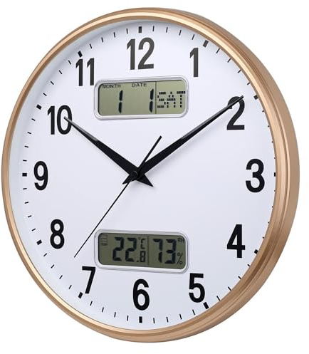 HZDHCLH 33cm Funkuhr Digitale, Anzeige von Temperatur, Luftfeuchtigkeit, Kalender, Modernes Design, Geeignet Für Zuhause, Büro, Schule(Weißes Gold)