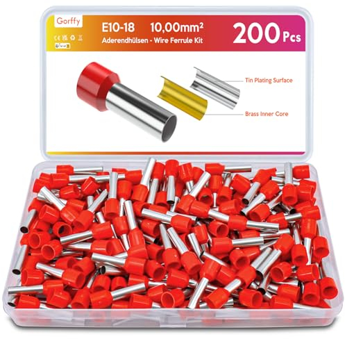 Gorffy 200 Stück Aderendhülsen 10mm2, Rot Aderendhülsen Set 10mm² x 18mm, Isoliert Aderendhülse 10mm2 für Drahtverbindung