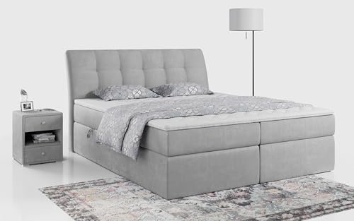 MKS MEBLE Boxspringbett 200x200 Grau Samt, Bett mit Multipocket Matratze H4 und Topper, Polsterbett 200x200 mit Bettkasten und Kopfteil, DIEGOS Hellgrau Velvet