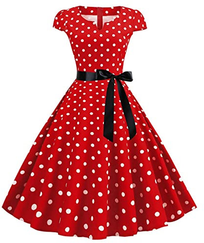 Robe Vintage Années 50 Femme Retro Rockabilly Pin Up Élégante Robes Dos Nu San Manche Décolleté en Cœur Polka Dot Trapèze Mariage Cocktail Soirée Décontractée Cérémonie Fête au Genou Midi S-XXL