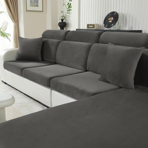 CYCMACO Samt Sitzkissenbezug, Stretch Sofa Sitzkissenbezug rutschfest, Universal Sofa Überzug Wohnzimmer, Elastischer Kissenbezüge, Waschbare(Großer 1-Sitzer, Grau)