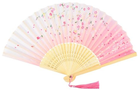 Rosa Fächer Holz Handfächer Seide Stoff Hand Fan Chinesische Japanische Faltfächer mit Quaste Fächer Damen Klein für Hochzeit Gäste Kinder Mädchen Sommer