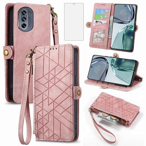 Asuwish Phone Case for Motorola Moto G62 5G Wallet Cover with Tempered Glass Screen Protector and Wrist Strap Leather Flip Zipper Credit Card Holder Stand Cell Accessories G 62 62G Women Men Pink
