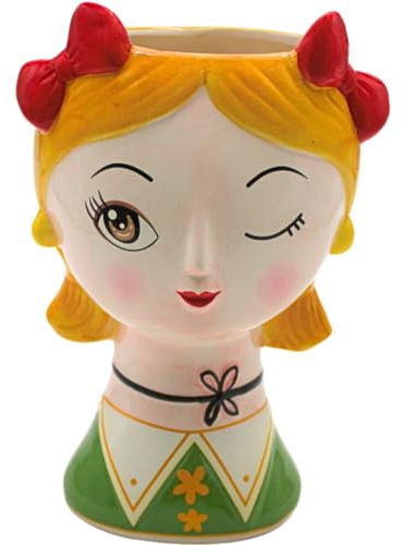 Dekohelden24 Keramik Vase mit Gesicht und Schleife, Blumenvase,Übertopf, Pflanztopf in bunt, Größe: B/H/T 15 x 23 x 13cm.